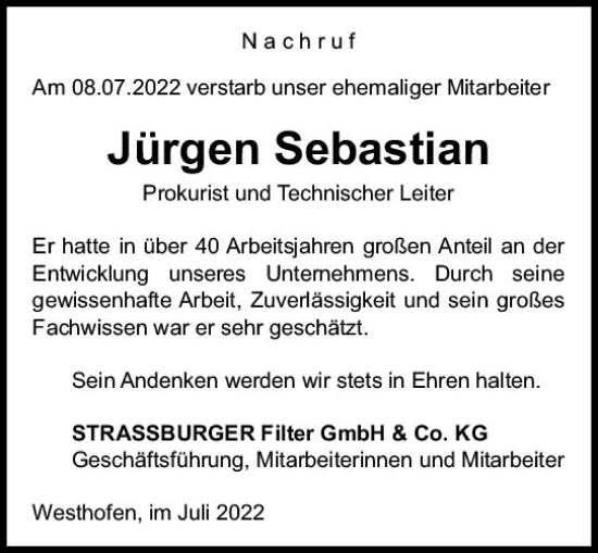 Traueranzeige von Jürgen Sebastian von vrm-trauer Wormser Zeitung