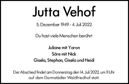 Traueranzeige von Jutta Vehof von vrm-trauer Darmstädter Echo