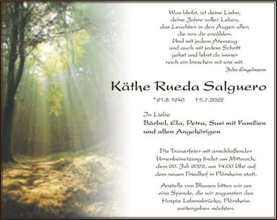 Traueranzeige von Käthe Rueda Salguero von vrm-trauer Rüsselsheimer Echo / MainSpitze