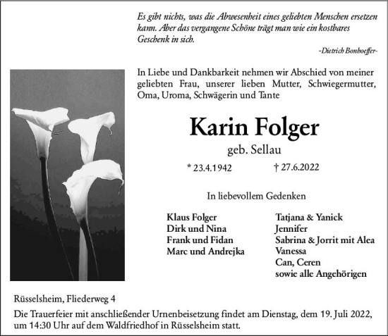 Traueranzeige von Karin Folger von vrm-trauer Rüsselsheimer Echo / MainSpitze