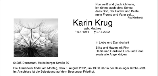 Traueranzeige von Karin Krug von vrm-trauer Darmstädter Echo