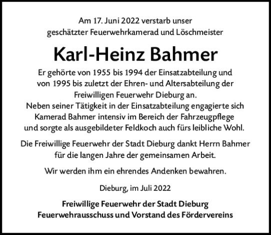 Traueranzeige von Karl-Heinz Bahmer von vrm-trauer DieburgerAnzeiger/Groß-Zimmerner Lokala