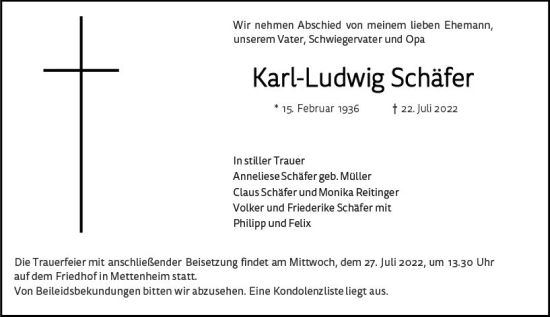 Traueranzeige von Karl-Ludwig Schäfer von vrm-trauer Wormser Zeitung