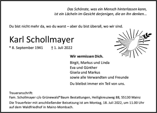 Traueranzeige von Karl Schollmayer von vrm-trauer AZ Mainz
