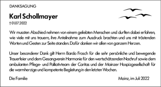 Traueranzeige von Karl Schollmayer von vrm-trauer AZ Mainz