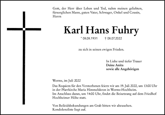 Traueranzeige von Karl Hans Fuhry von vrm-trauer Wormser Zeitung