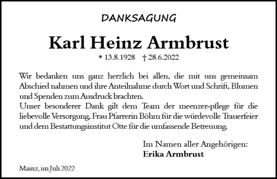 Traueranzeige von Karl Heinz Armbrust von vrm-trauer AZ Mainz