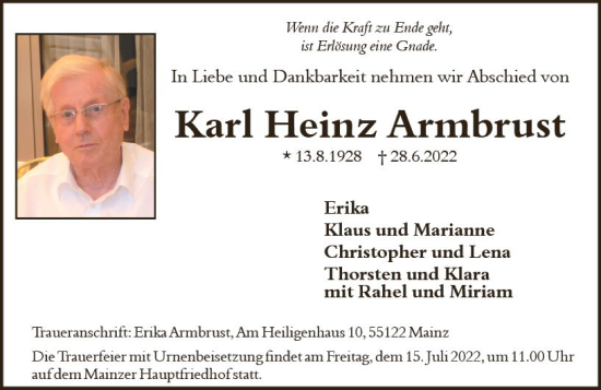 Traueranzeige von Karl Heinz Armbrust von vrm-trauer AZ Mainz