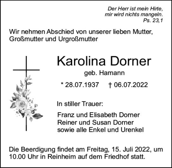 Traueranzeige von Karolina Dorner von vrm-trauer Darmstädter Echo