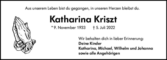 Traueranzeige von Katharina Kriszt von vrm-trauer Darmstädter Echo