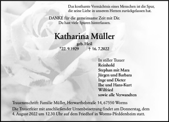 Traueranzeige von Katharina Müller von vrm-trauer Wormser Zeitung