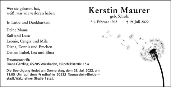Traueranzeige von Kerstin Maurer von vrm-trauer Wiesbadener Kurier