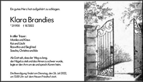 Traueranzeige von Klara Brandies von vrm-trauer Hochheimer Zeitung