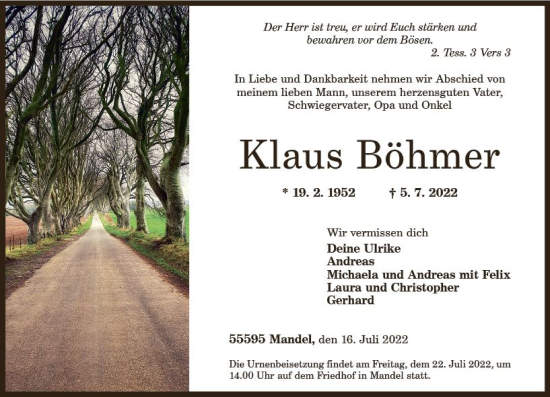 Traueranzeige von Klaus Böhmer von vrm-trauer Allg. Zeitung Bad Kreuznach