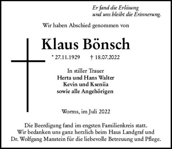 Traueranzeige von Klaus Bönsch von vrm-trauer Wormser Zeitung