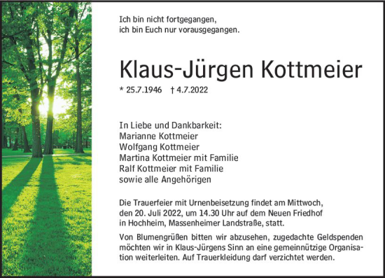 Traueranzeige von Klaus-Jürgen Kottmeier von vrm-trauer Hochheimer Zeitung