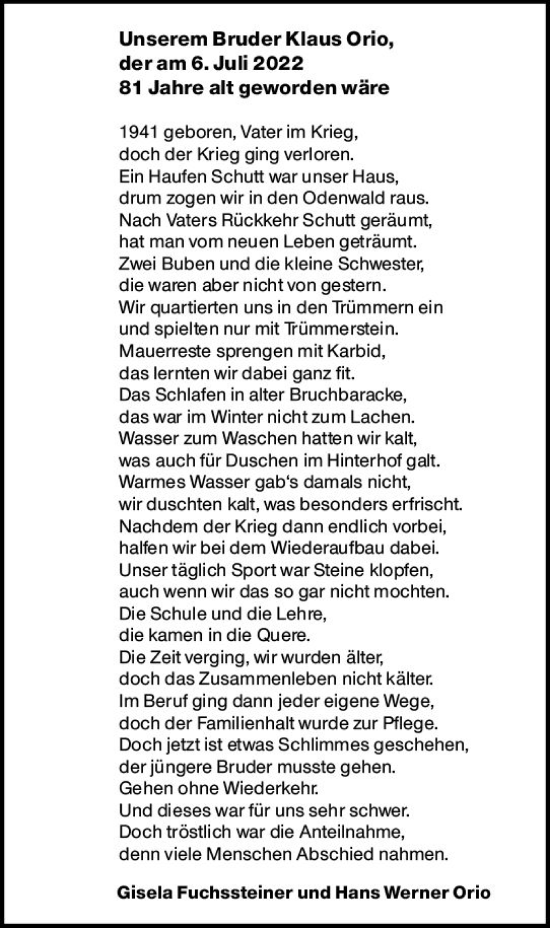 Traueranzeige von Klaus Orio von vrm-trauer Darmstädter Echo
