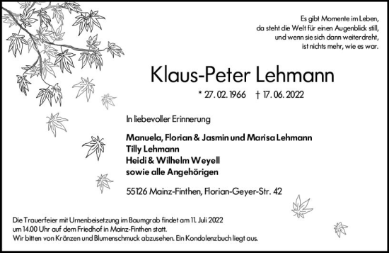 Traueranzeige von Klaus-Peter Lehmann von vrm-trauer AZ Mainz