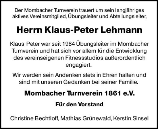 Traueranzeige von Klaus-Peter Lehmann von vrm-trauer AZ Mainz