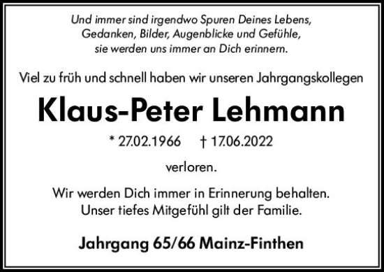Traueranzeige von Klaus-Peter Lehmann von vrm-trauer AZ Mainz