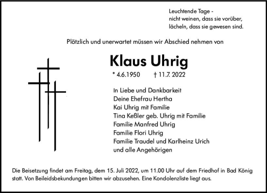 Traueranzeige von Klaus Uhrig von vrm-trauer Odenwälder Echo