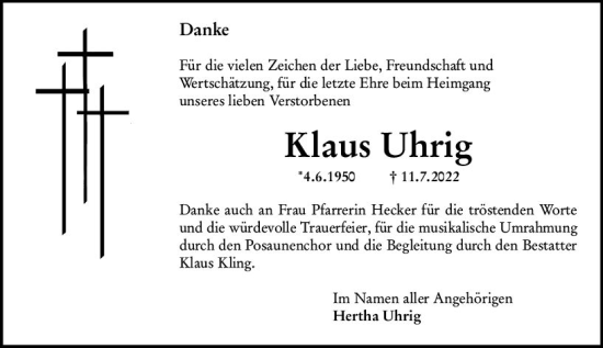 Traueranzeige von Klaus Uhrig von vrm-trauer Odenwälder Echo