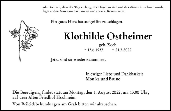 Traueranzeige von Klothilde Ostheimer von vrm-trauer Hochheimer Zeitung