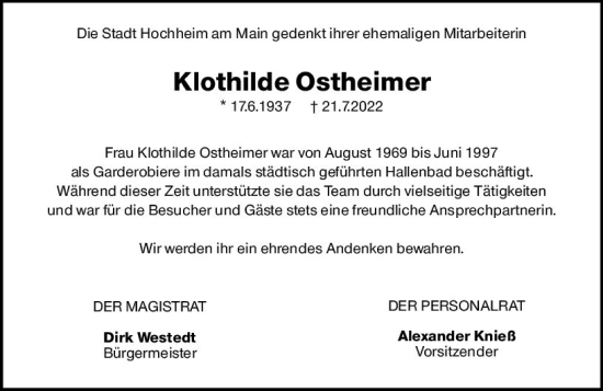 Traueranzeige von Klothilde Ostheimer von vrm-trauer Hochheimer Zeitung