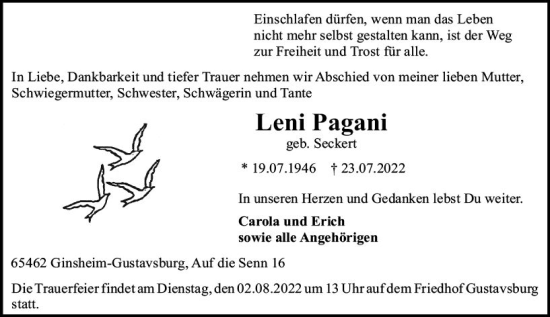 Traueranzeige von Leni Pagani von vrm-trauer AZ Mainz