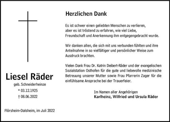 Traueranzeige von Liesel Räder von vrm-trauer Wormser Zeitung
