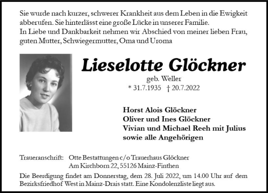 Traueranzeige von Lieselotte Glöckner von vrm-trauer Rüsselsheimer Echo / MainSpitze