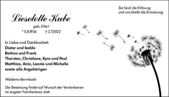 Traueranzeige von Lieselotte Kube von vrm-trauer Idsteiner Zeitung