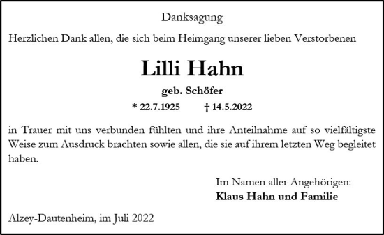 Traueranzeige von Lilli Hahn von vrm-trauer Allgemeine Zeitung Alzey