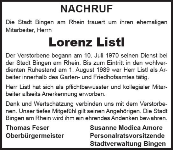 Traueranzeige von Lorenz Listl von vrm-trauer Allgemeine  Zeitung Ingelheim-Bingen