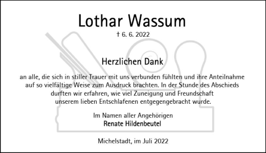Traueranzeige von Lothar Wassum von vrm-trauer Odenwälder Echo