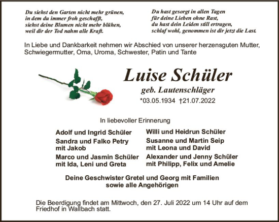 Traueranzeige von Luise Schüler von vrm-trauer Odenwälder Echo