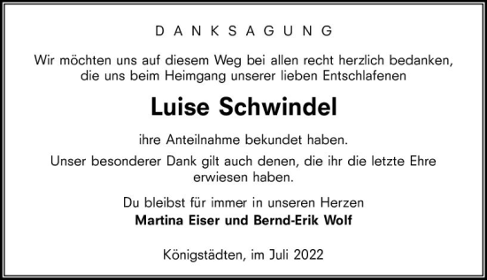 Traueranzeige von Luise Schwindel von vrm-trauer Rüsselsheimer Echo / MainSpitze
