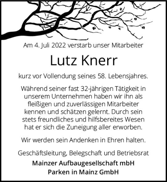 Traueranzeige von Lutz Knerr von vrm-trauer AZ Mainz