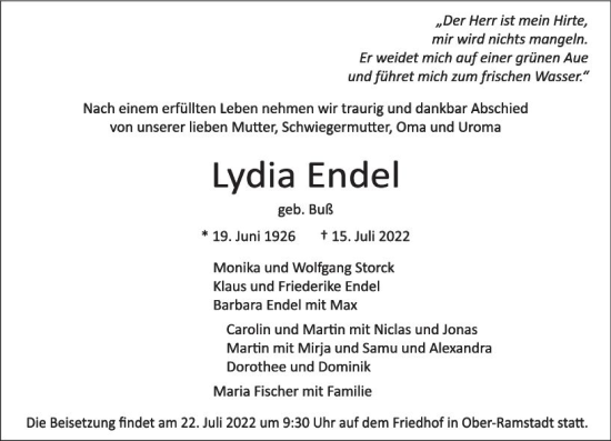 Traueranzeige von Lydia Endel von vrm-trauer Darmstädter Echo