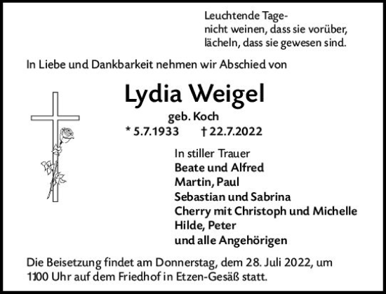 Traueranzeige von Lydia Weigel von vrm-trauer Odenwälder Echo