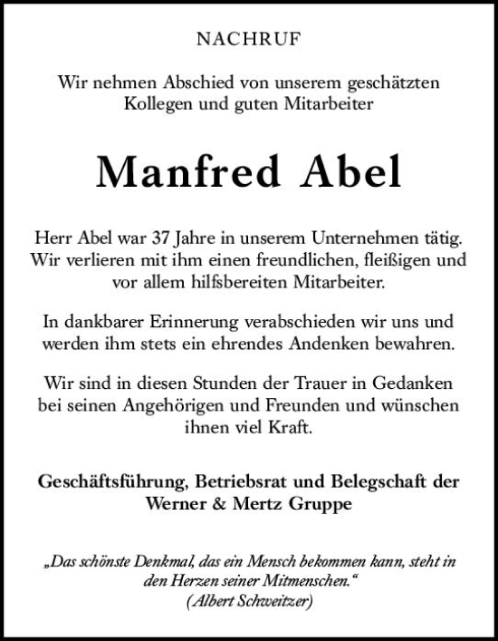 Traueranzeige von Manfred Abel von vrm-trauer AZ Mainz