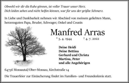 Traueranzeige von Manfred Arras von vrm-trauer Odenwälder Echo