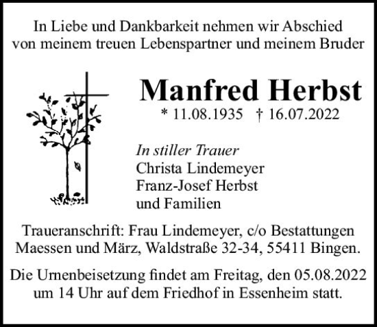 Traueranzeige von Manfred Herbst von vrm-trauer AZ Mainz