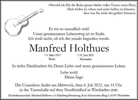 Traueranzeige von Manfred Holthues von vrm-trauer Wiesbadener Kurier