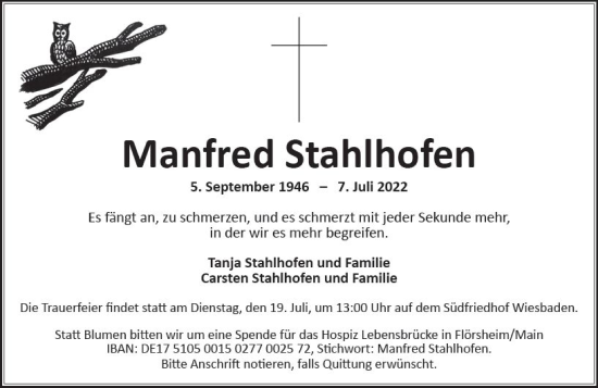 Traueranzeige von Manfred Stahlhofen von vrm-trauer Wiesbadener Kurier