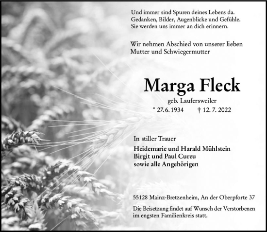 Traueranzeige von Marga Fleck von vrm-trauer AZ Mainz