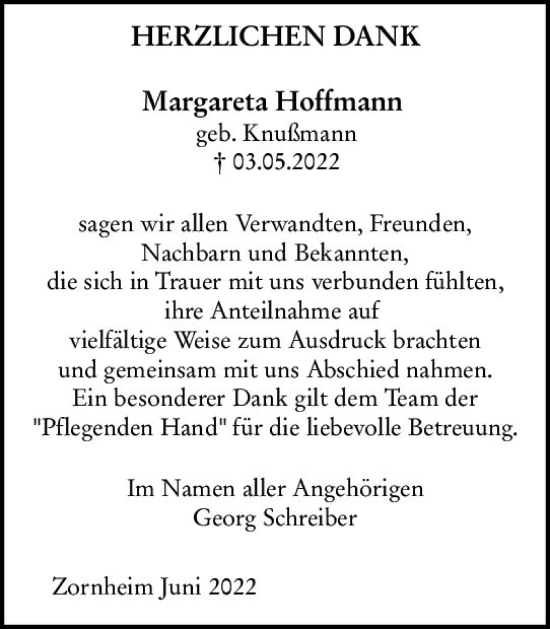 Traueranzeige von Margareta Hoffmann von vrm-trauer AZ Mainz