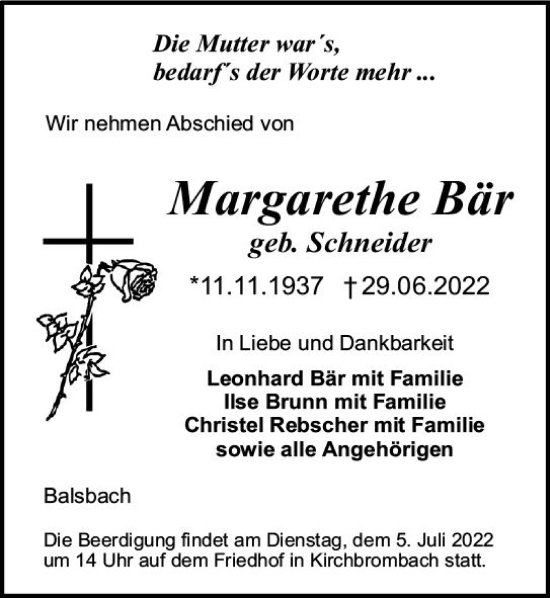 Traueranzeige von Margarethe Bär von vrm-trauer Odenwälder Echo