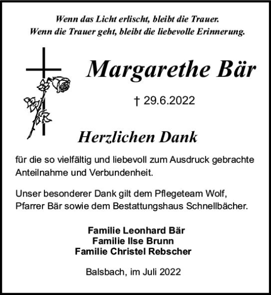 Traueranzeige von Margarethe Bär von vrm-trauer Odenwälder Echo