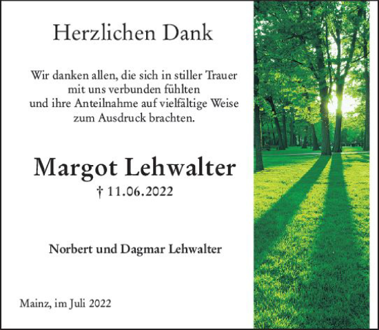 Traueranzeige von Margot Lehwalter von vrm-trauer AZ Mainz